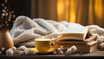 Sticker - Cozy bedroom with rustic decor, book stack, and hot drink generated by AI