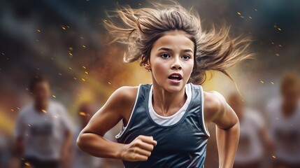 Wall Mural - Lifelike image featuring a charming young girl participating in a sports competition, with available space for supplementary elements
