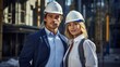 Realistic photo capturing a couple in hard hats standing together at a construction site, with ample copy space