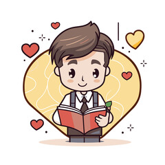 Wall Mural - Cute boy reading book in heart shape. Vector cartoon character illustration.