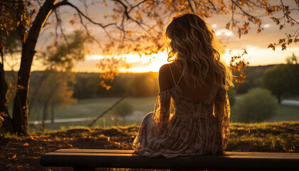 Wall Mural - Young woman sitting under a tree, enjoying the sunset generated by AI