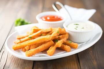 Wall Mural - cheesy mozzarella sticks with marinara sauce for dipping