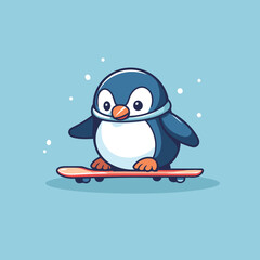  Cute penguin riding a snowboard on blue background. Vector illustration.