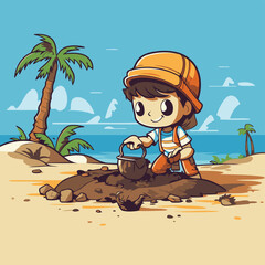 Wall Mural - Boy watering coconut on the beach. Vector illustration in cartoon style.