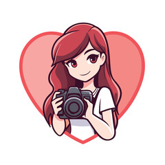 Canvas Print - Cute girl with camera and heart. Vector illustration in cartoon style.