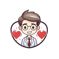 Poster - Vector illustration of a male doctor in a round frame with hearts.