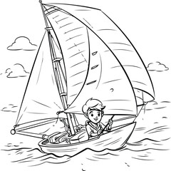 Wall Mural - Cute boy sailing on a sailboat. sketch for your design