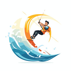 Poster - Kitesurfing sport vector illustration. Kitesurfer on the waves.