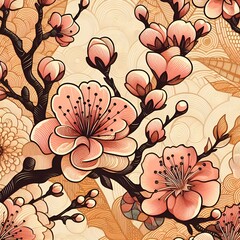 Wall Mural - Peach flowers seamless pattern. Floral template repeat pattern for wallpaper, paper packaging, textile,covers, print design