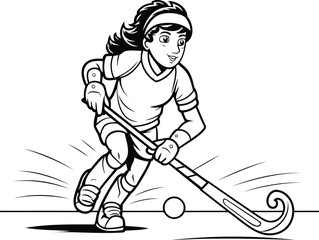 Wall Mural - Illustration of a female hockey player with a stick and puck.