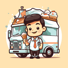 Sticker - Businessman eating ice cream in truck. Vector illustration of cartoon character.