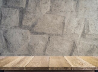 Poster - Grey stone wall and wooden shelf with space for product display background