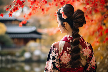 Wall Mural - Generative AI picture of stunning chinese lady wear kimono walking on beautiful landscape