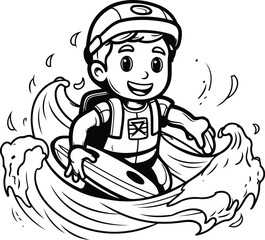 Wall Mural - Vector illustration of a boy riding a water bike on the waves.