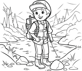 Wall Mural - Hiker boy with backpack and trekking poles. Vector illustration.