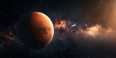 Wall Mural - 3D depiction of an exoplanet resembling Mars, representing the field of astronomy and science, set against a dark backdrop.