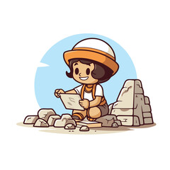 Sticker - Cartoon vector illustration of a boy in a hat sitting on the rocks and reading a book