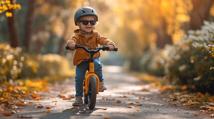 Joyful adorable child dons shades and protective headgear while riding a balance bicycle for morning exercise.