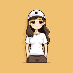 Wall Mural - Cute girl in a white T-shirt and cap. Vector illustration.