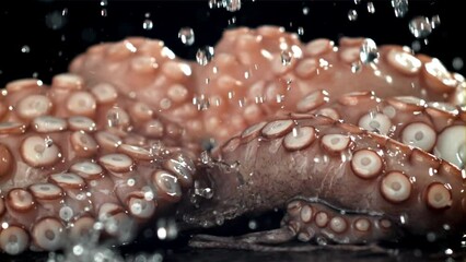 Poster - Drops of water fall on a fresh octopus. Filmed on a high-speed camera at 1000 fps. High quality FullHD footage