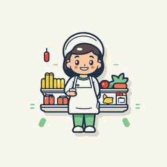 Wall Mural - Cartoon vector illustration of a little chef in apron and apron standing in front of shelves full of food