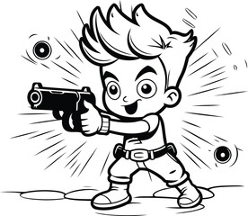 Poster - Cartoon boy shooting with a gun - black and white vector illustration