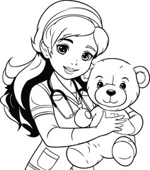 Poster - Veterinarian with a teddy bear. Coloring book for children.