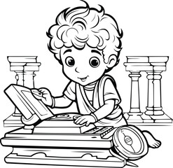 Poster - Boy with a typewriter. Coloring book for children. Vector illustration