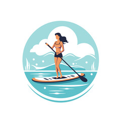 Wall Mural - Young woman on stand up paddle board. Flat style vector illustration.