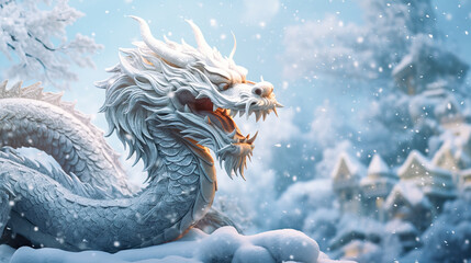 Wall Mural - Banner with white dragon with bokeh winter snow background. Chinese New Year decoration close up of dancing dragon on festive background