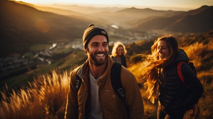 Lifestyle of mature people 30s traveling walking together against sunlight laughing, trekking in urban scenery hills national park walking to mountains, tourists outdoor activities, golden hour sunset