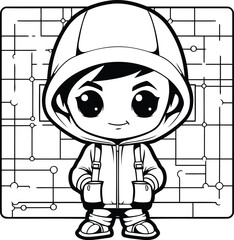 Poster - Black and White Cartoon Illustration of Cute Little Boy Construction Worker Character