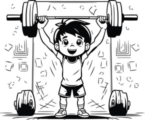 Wall Mural - Boy lifting weights in the gym. Black and white vector illustration in cartoon style.