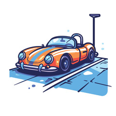 Sticker - Retro car on the road. Vector illustration in cartoon style.