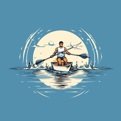 Wall Mural - Man rowing on a boat in the sea. Vector illustration.