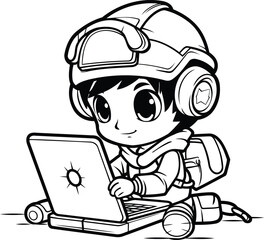 Poster - Black and White Cartoon Illustration of Cute Kid Boy Astronaut with Laptop for Coloring Book