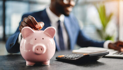  piggy bank on financial director's desk, symbolizing savings and financial management in a corporate office setting