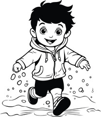 Poster - Black and White Cartoon Illustration of a Cute Little Boy Running in Water for Coloring Book