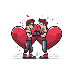 Poster - Two Boxers fighting with big red heart. Cartoon vector illustration.