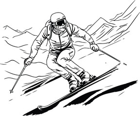 Sticker - Skier skiing downhill. Black and white vector illustration of a skier skiing downhill.