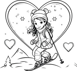 Poster - Little girl skier in the mountains. Black and white vector illustration for coloring book.