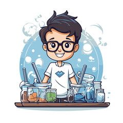 Wall Mural - Cute boy with glasses making science experiments. Vector cartoon illustration.