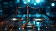 Scales of justice in a futuristic cyber world, symbolizing law, order, and legal technology in a digital era with blue neon lights and abstract data background