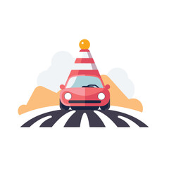 Poster - Car on road with traffic cone icon in flat color style. Road trip and traveling