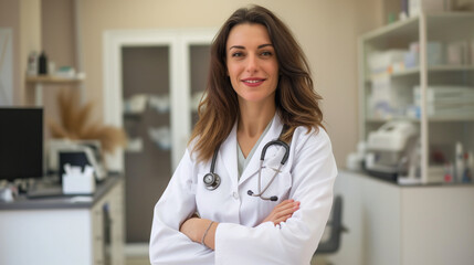 portrait of a pretty smiling female sensual doctor in a modern clinic