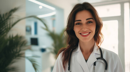 portrait of a pretty smiling female sensual doctor in a modern clinic