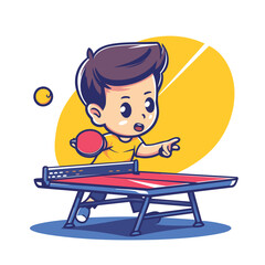 Wall Mural - Cute little boy playing table tennis. Vector illustration in cartoon style.