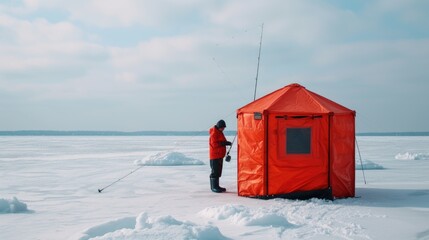 Poster - A man standing in the snow next to a red tent. This image can be used to depict outdoor camping or winter adventure activities