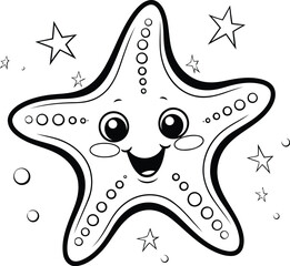 Wall Mural - Black and white starfish vector illustration. Cute kawaii cartoon character.