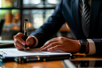 Wall Mural - hands close up corporate businessman sitting writing on notebook on the desk in the office